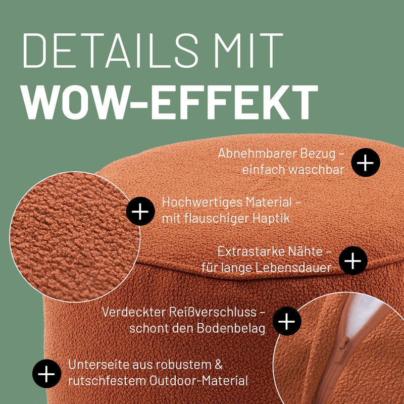 LUMALAND Hocker in Terracotta mit Produktinformationen: Verdeckter Reißverschluss, robuste Unterseite und waschbarer Bezug. 