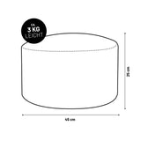 Illustration des runden Poufs/Hocker aus der LUMALAND Teddy-Reihe mit Maßangaben (45 x 25 cm) und Gewichtsangabe (3 kg).