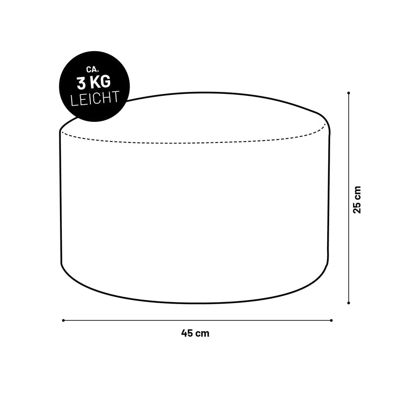 Illustration des runden Poufs/Hocker aus der LUMALAND Teddy-Reihe mit Maßangaben (45 x 25 cm) und Gewichtsangabe (3 kg).
