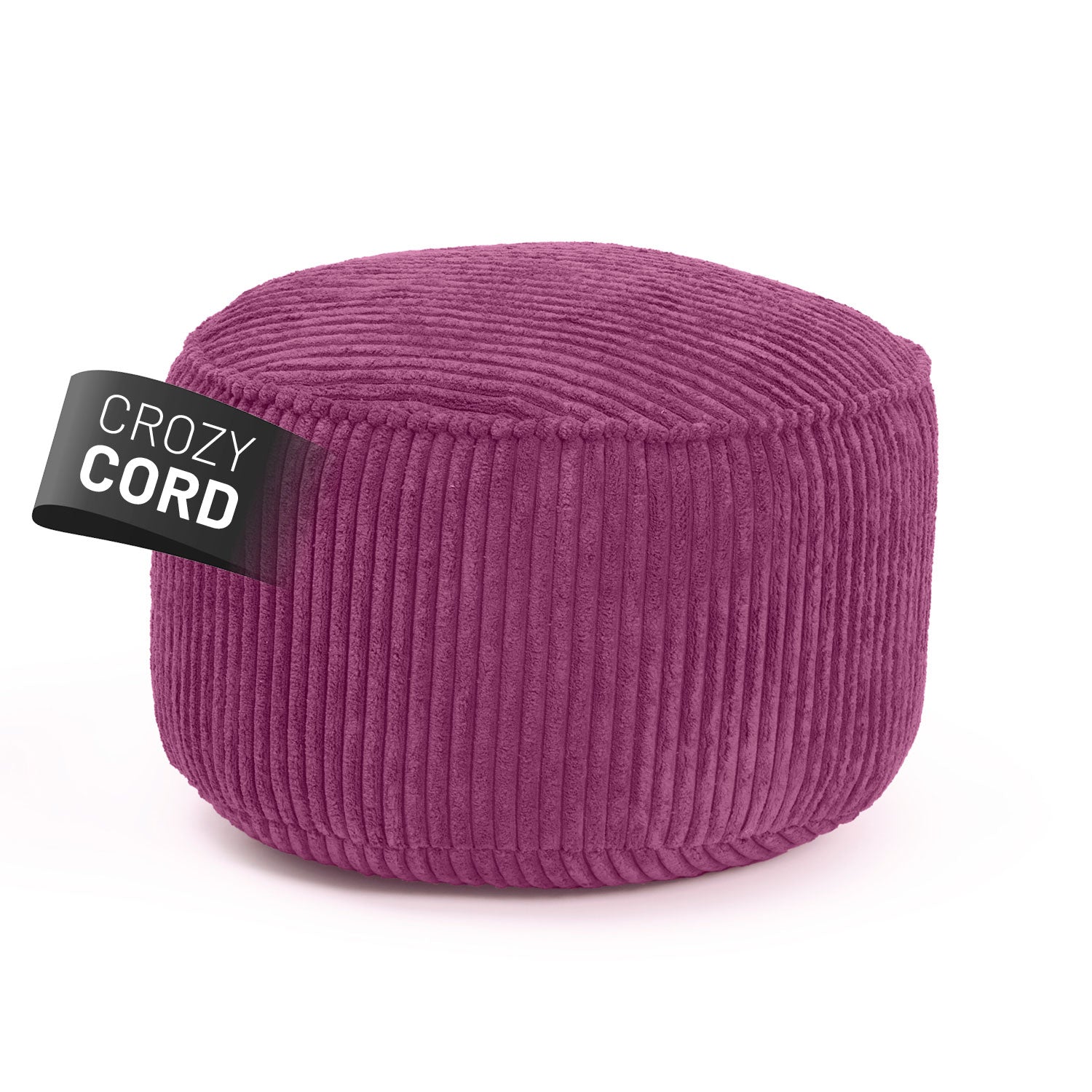 Weinroter Pouf aus der LUMALAND CORD-Reihe auf weißem Hintergrund.