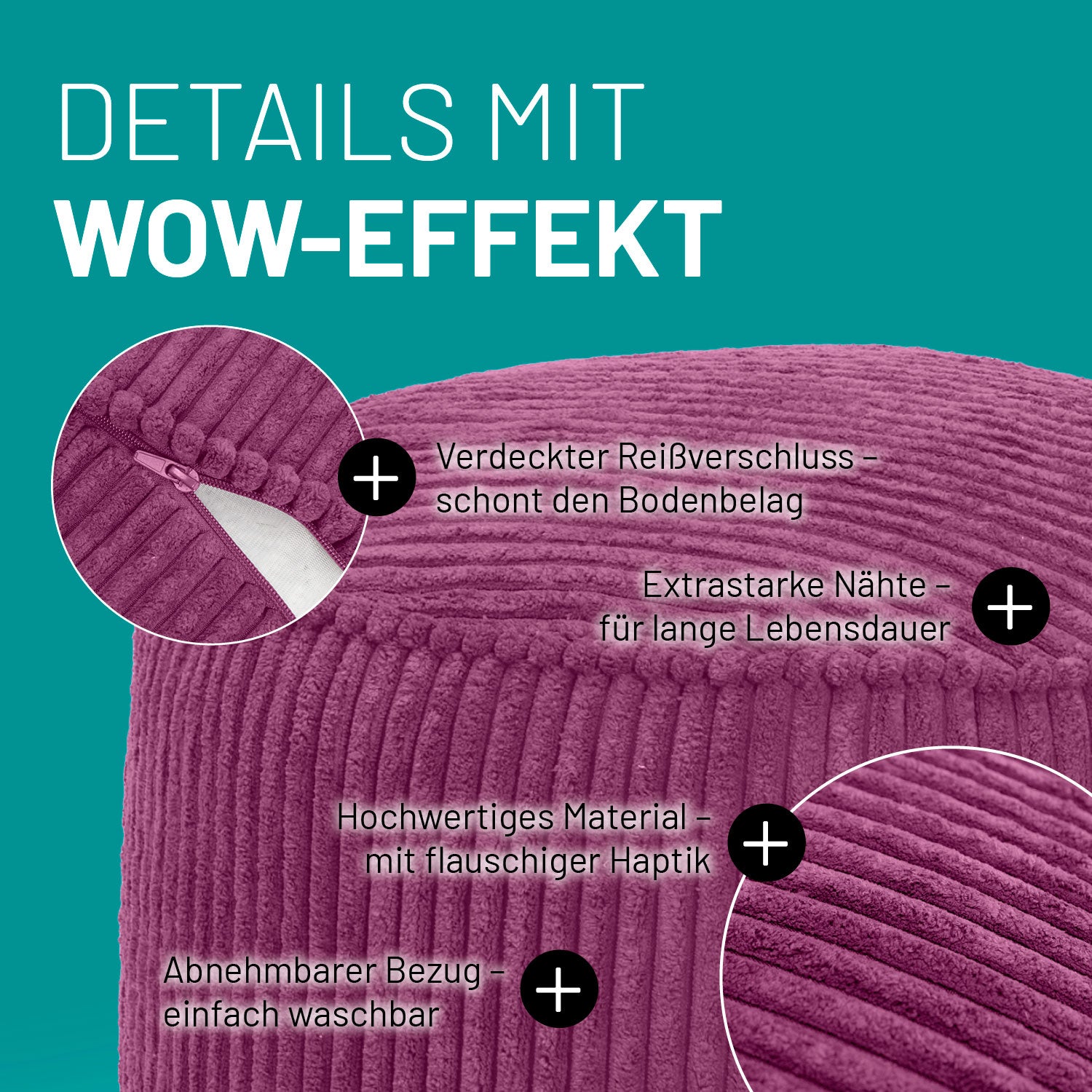 LUMALAND CORD Pouf in Weinrot mit Produktinformationen: Verdeckter Reißverschluss, extrastarke Nähte und abnehmbarer Bezug.