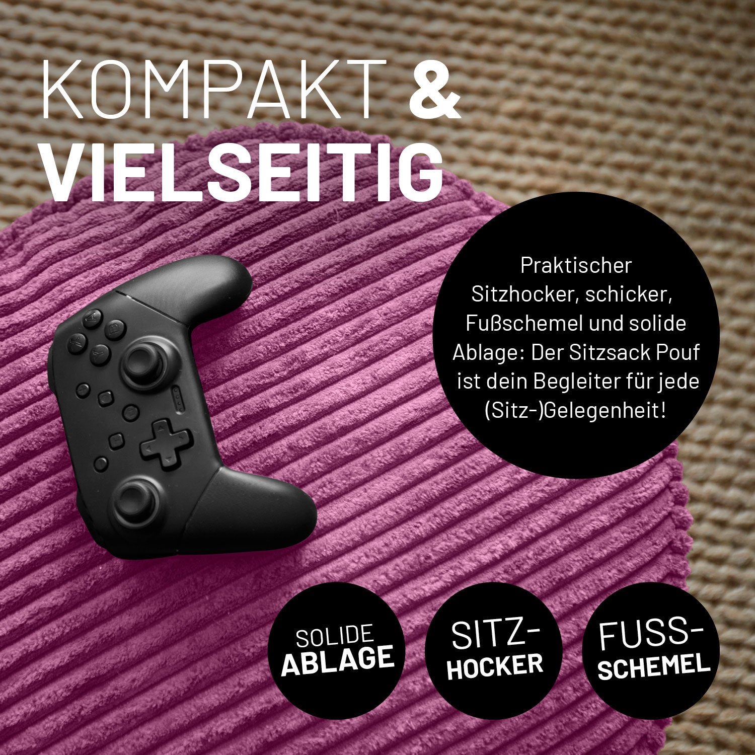 Gaming Controller liegt auf dem weinroten CORD-Sitzsack der als Hocker, Fußschemel und Ablage genutzt werden kann. 