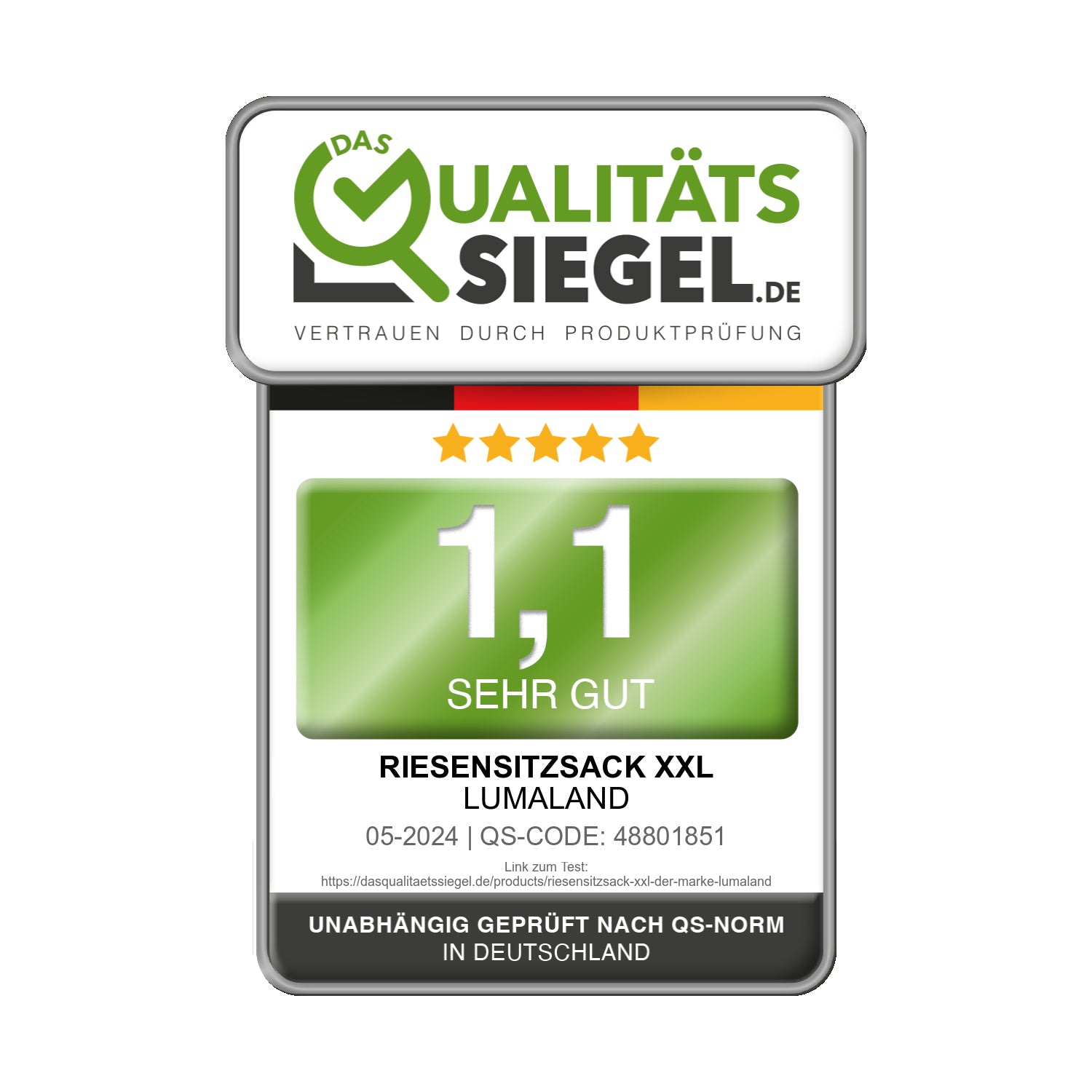 Qualitätssiegel.de Testsiegel mit der Note 1,1 - Sehr Gut für den Riesensitzsack XXL von LUMALAND.