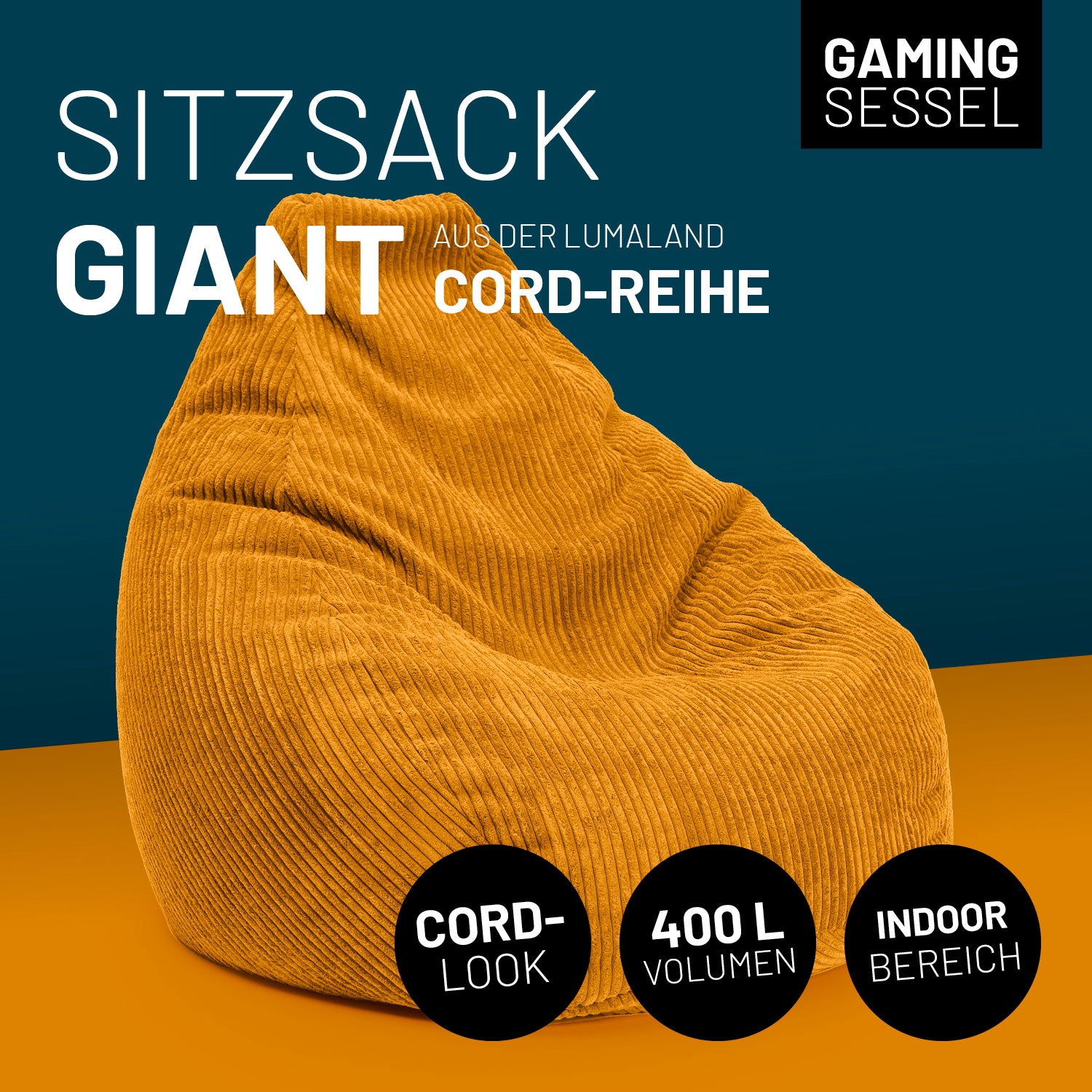 Senfgelber Cord-Sitzsack vor blau/gelbem Hintergrund mit Icons zu "Cord-Look", "400 L Volumen" und "Indoor-Bereich".