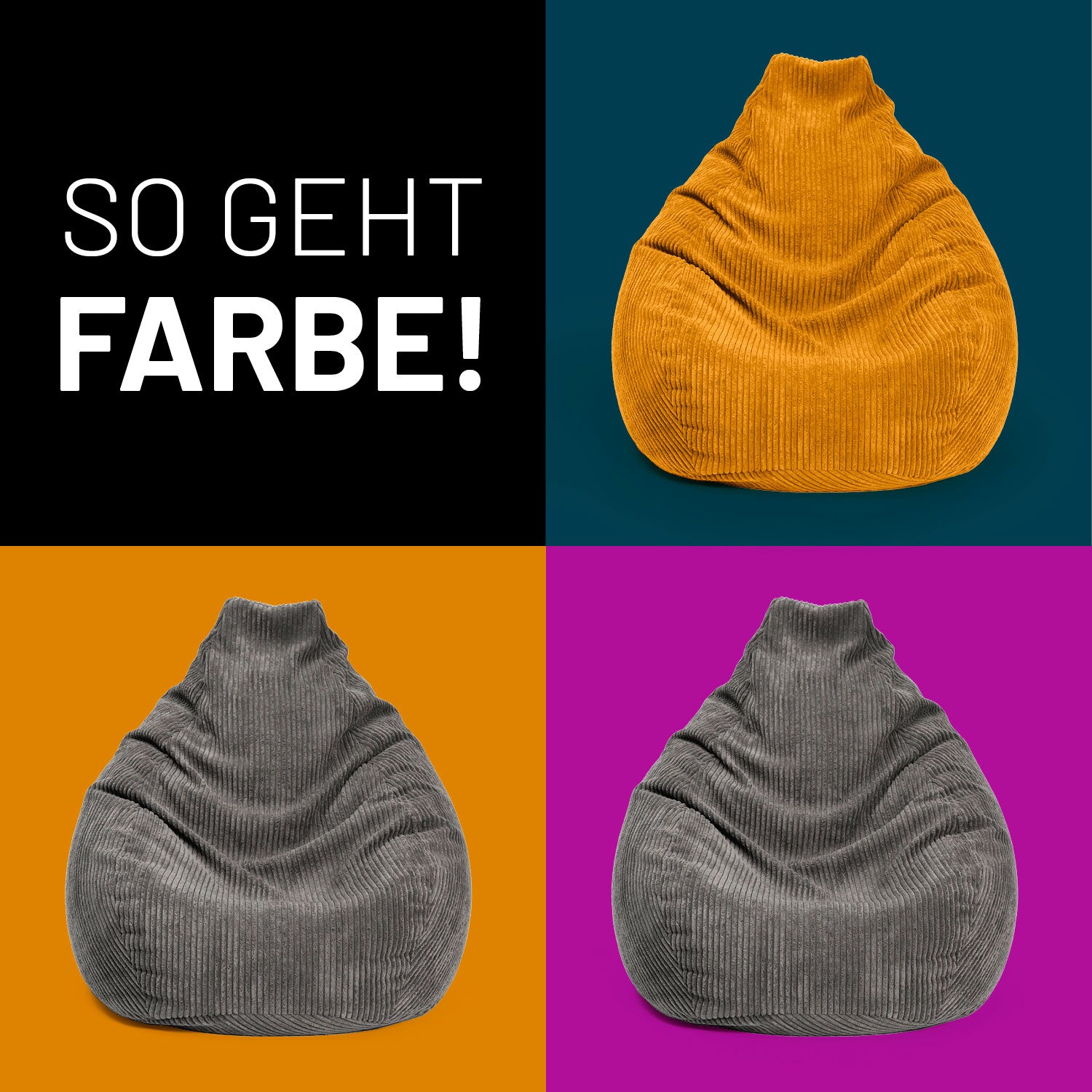 Die Farbvarianten Senfgelb und Grau des GIANT Cord-Sitzsacks auf Kontrastfarben nebeneinander in Kacheln - So geht Farbe!