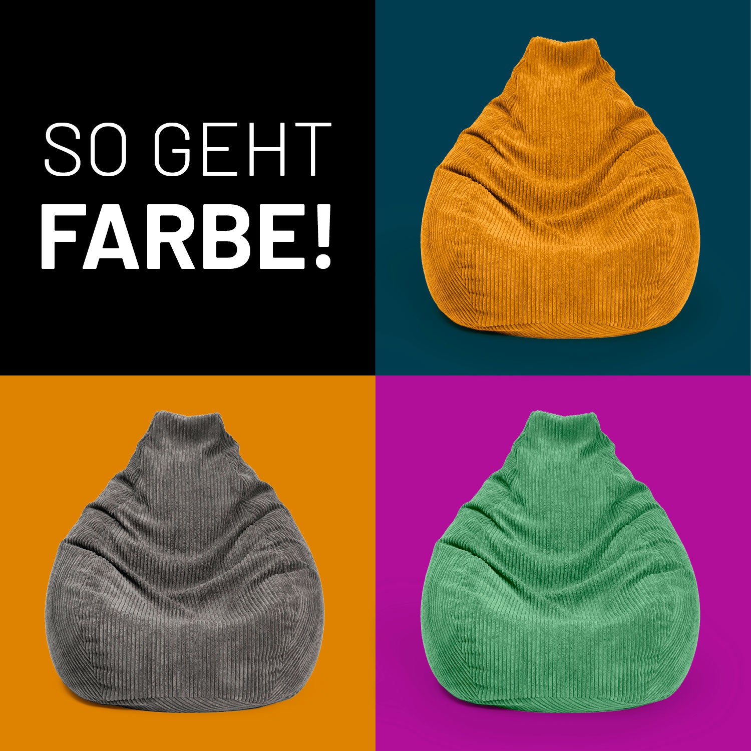 Die Farbvarianten Senfgelb, Grau und Dunkelgrün des GIANT Cord-Sitzsacks auf Kontrastfarben nebeneinander in Kacheln - So geht Farbe!