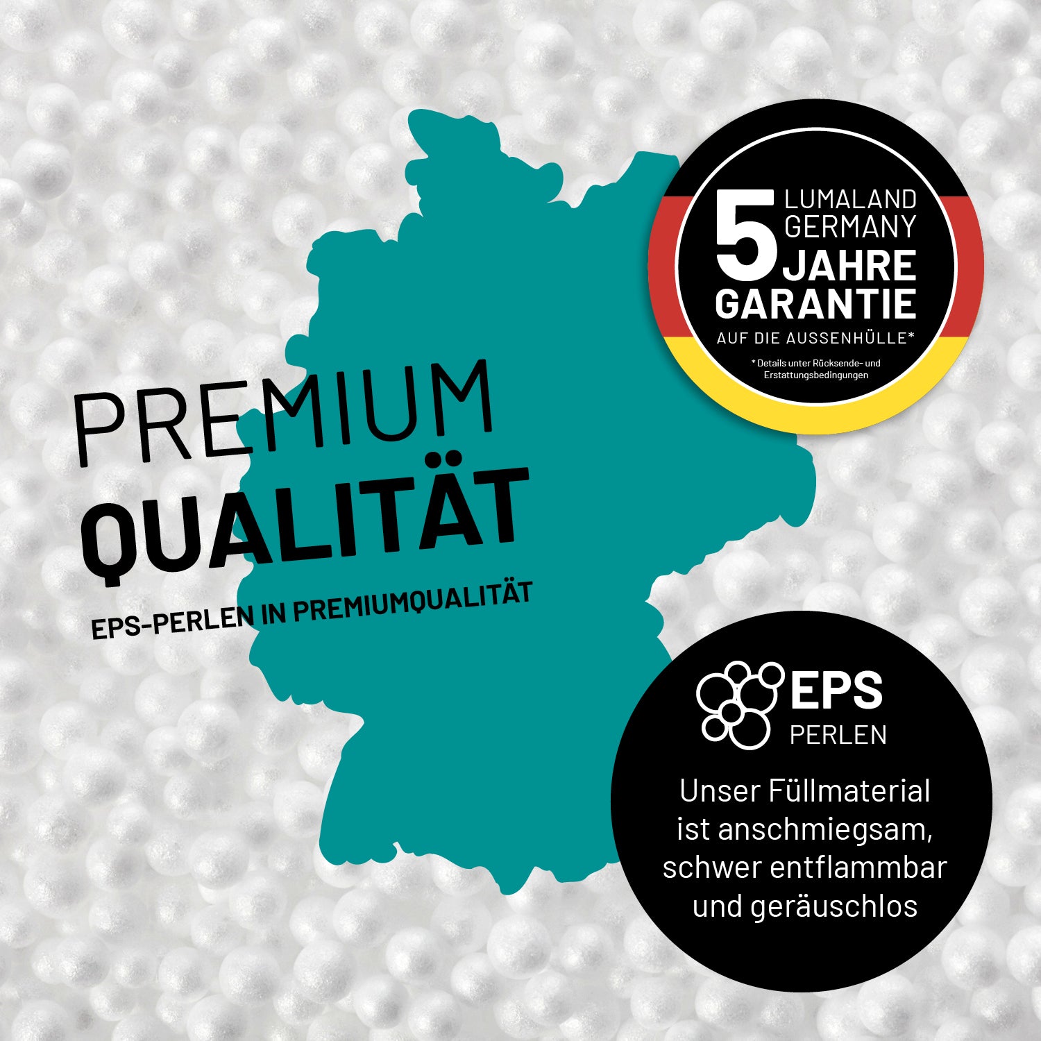 Umrisse der Deutschland-Karte mit Hinweis auf die EPS-Perlen und LUMALAND Germany 5 Jahre Garantie auf die Aussenhülle.
