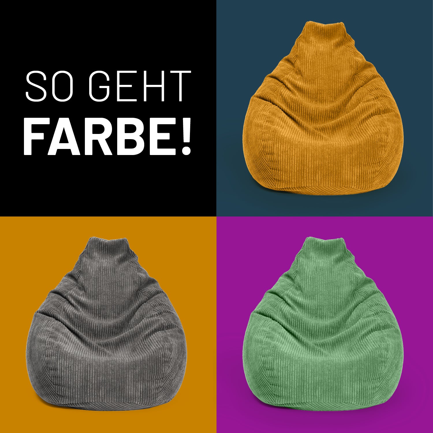 Die Farbvarianten Senfgelb, Grau und Dunkelgrün des GIANT Cord-Sitzsacks auf Kontrastfarben nebeneinander in Kacheln - So geht Farbe!