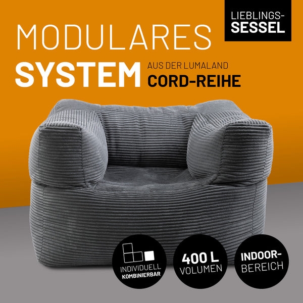 Grauer Cord-Sessel mit 400 L Volumen, individuell kombinierbar – ideal als modulares Sitzmöbel für den Indoor-Bereich.