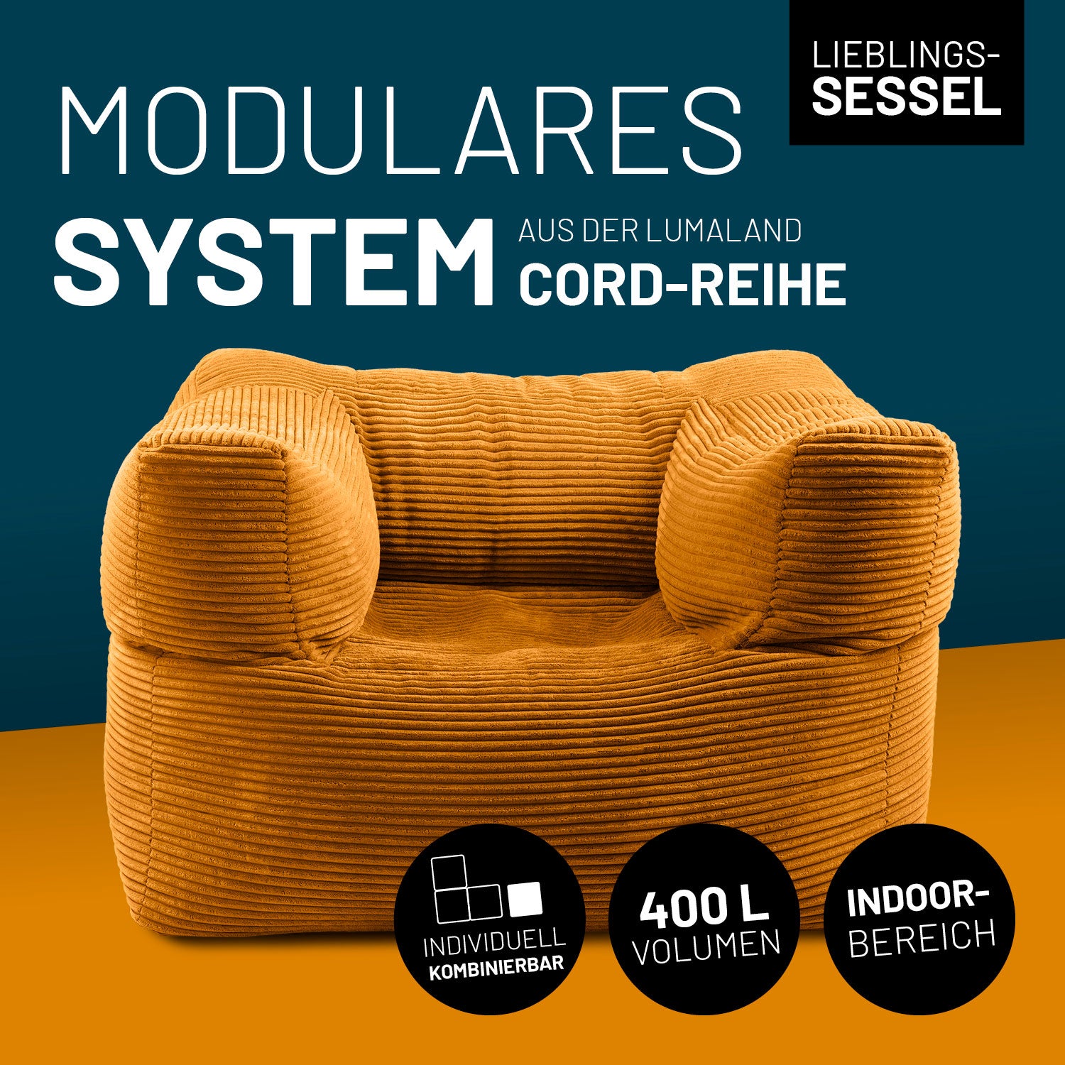 Senfgelber Cord-Sessel mit 400 L Volumen, individuell kombinierbar – ideal als modulares Sitzmöbel für den Indoor-Bereich.