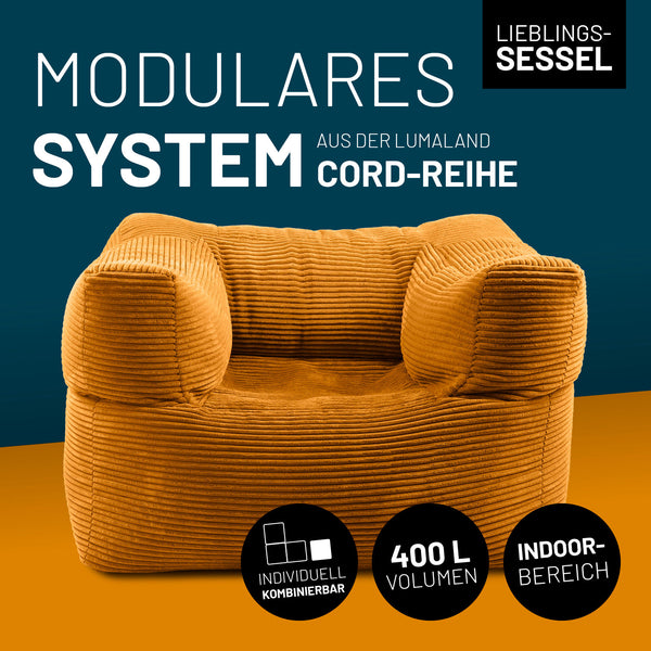 Senfgelber Cord-Sessel mit 400 L Volumen, individuell kombinierbar – ideal als modulares Sitzmöbel für den Indoor-Bereich.
