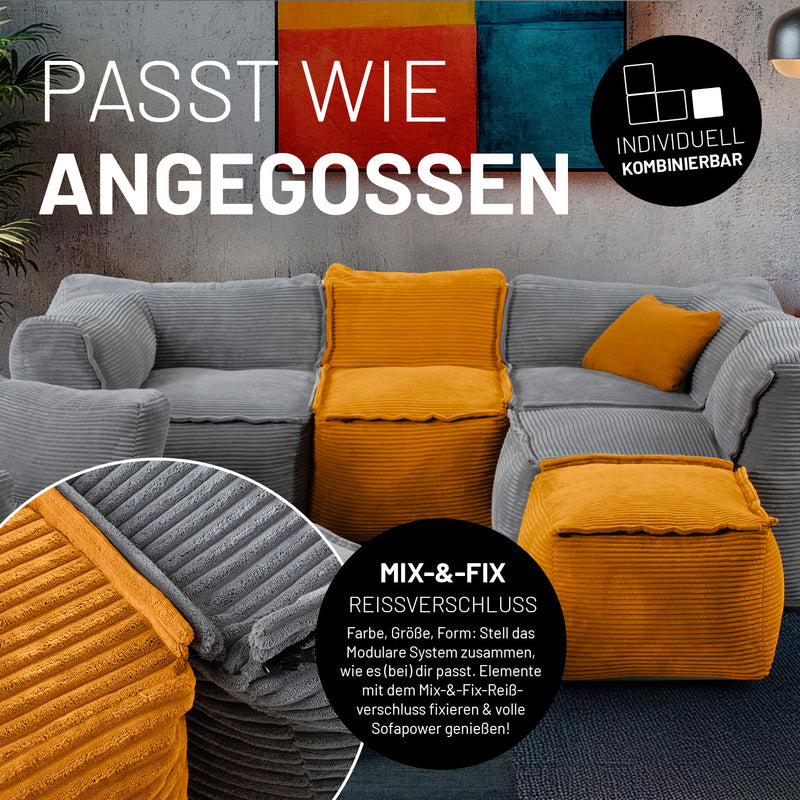 Modernes Wohnzimmer mit grauen und senfgelben verbundenen Sitzmöbel-Modulen dank Mix-&-Fix Reisverschluss.