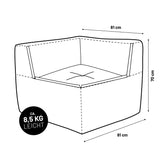 Illustration des Eckteils aus der LUMALAND Cord-Reihe mit Maßangaben (81 x 70 x 81 cm) und Gewichtsangabe (8,5 kg).