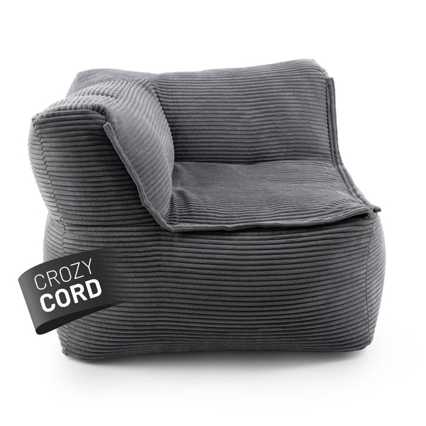 LUMALAND CORD-Sitzsack Eckteil links in Grau aus der Reihe Modulares System vor weißem Hintergrund.