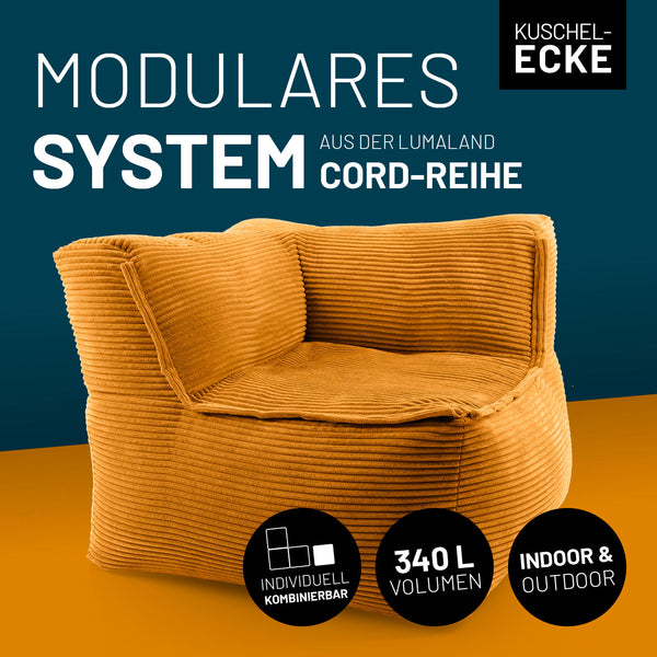 Senfgelbes Eckteil mit 340 L Volumen, individuell kombinierbar – ideal als modulares Sitzmöbel für den Indoor-Bereich.