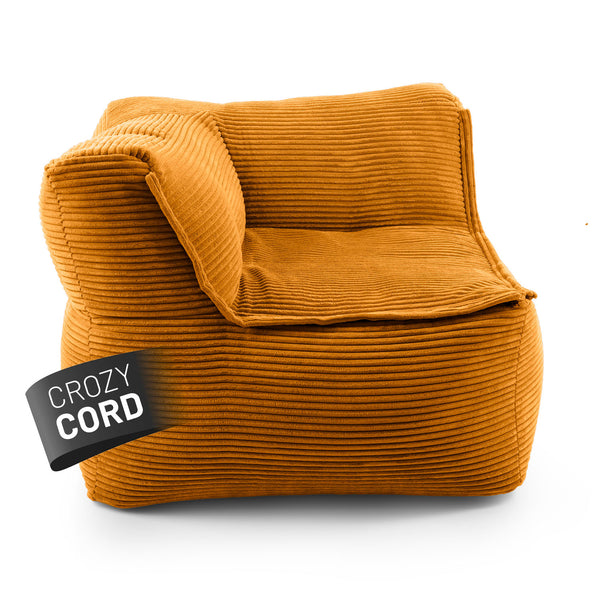LUMALAND CORD-Sitzsack Eckteil links in Senfgelb aus der Reihe Modulares System vor weißem Hintergrund.