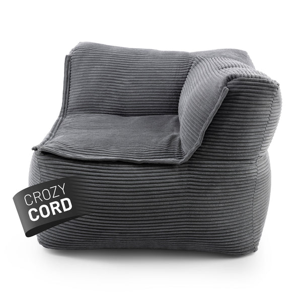 LUMALAND CORD-Sitzsack Eckteil rechts in Grau aus der Reihe Modulares System vor weißem Hintergrund.