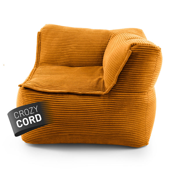 LUMALAND CORD-Sitzsack Eckteil rechts in Senfgelb aus der Reihe Modulares System vor weißem Hintergrund.