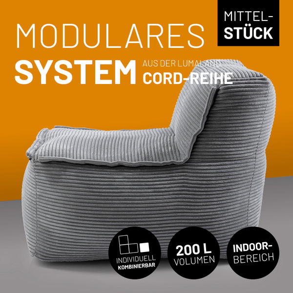 Graues Cord-Mittelteil mit 200 L Volumen, individuell kombinierbar – ideal als modulares Sitzmöbel für den Indoor-Bereich.