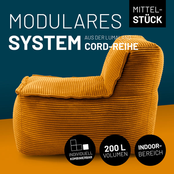 Senfgelbes Cord-Mittelteil mit 200 L Volumen, individuell kombinierbar – ideal als modulares Sitzmöbel für den Indoor-Bereich.