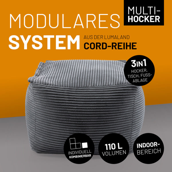 Grauer Cord-Hocker mit 110 L Volumen, individuell kombinierbar – ideal als modulares Sitzmöbel für den Indoor-Bereich.