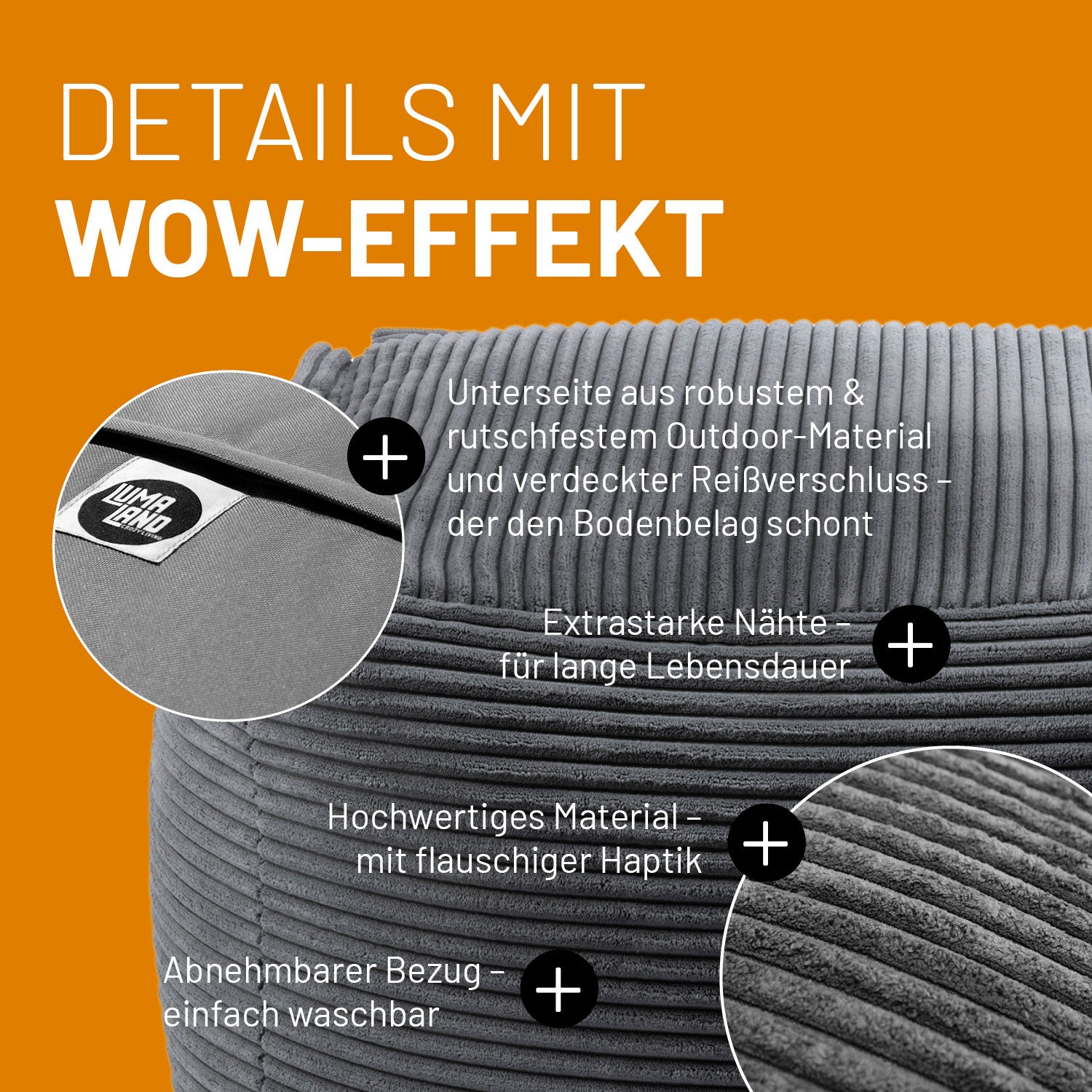 LUMALAND Cord-Hocker in Grau mit Produktinformationen: Verdeckter Reißverschluss, robuste Unterseite und waschbarer Bezug. 