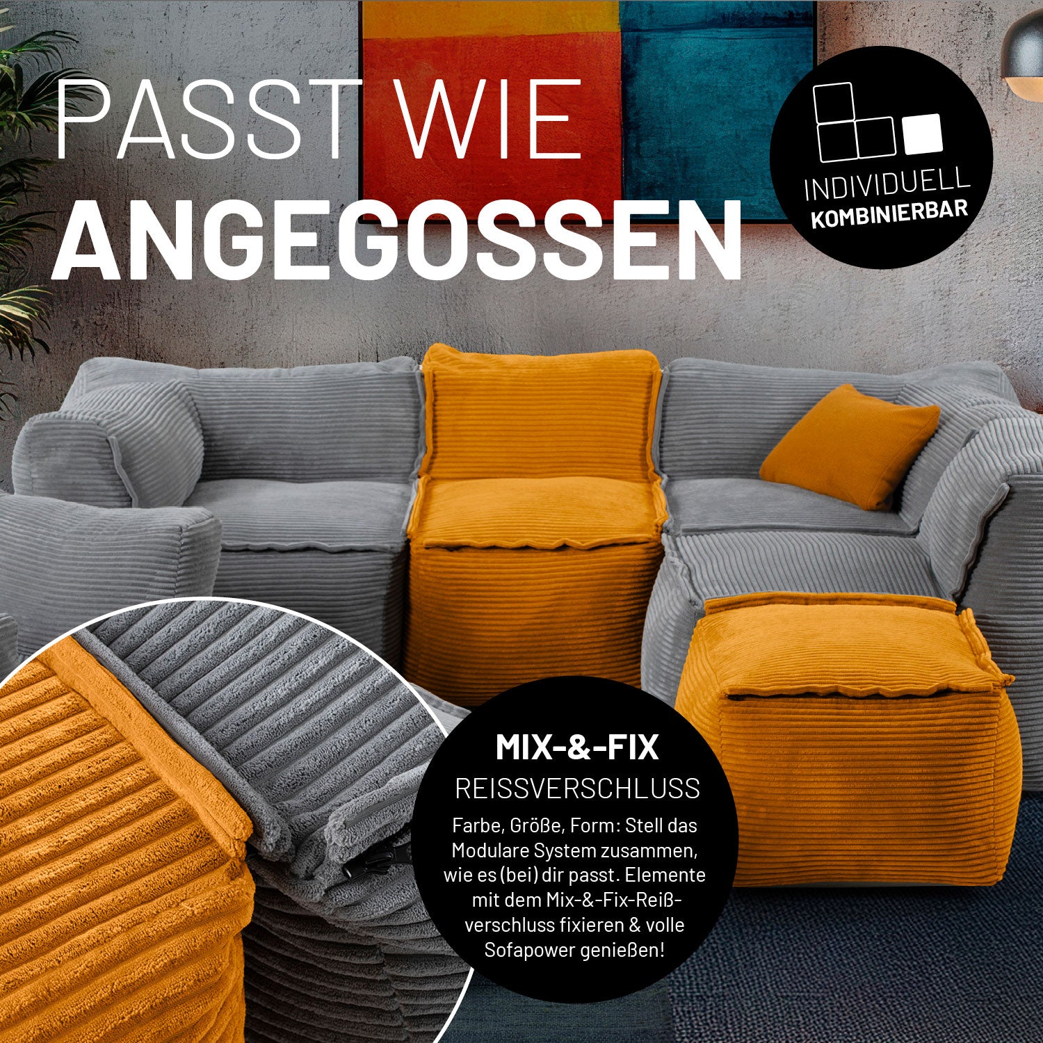 Modernes Wohnzimmer mit dank Mix-&-Fix Reisverschluss verbundenen grauen und senfgelben Sitzmöbel-Modulen aus der LUMALAND Cord-Reihe.