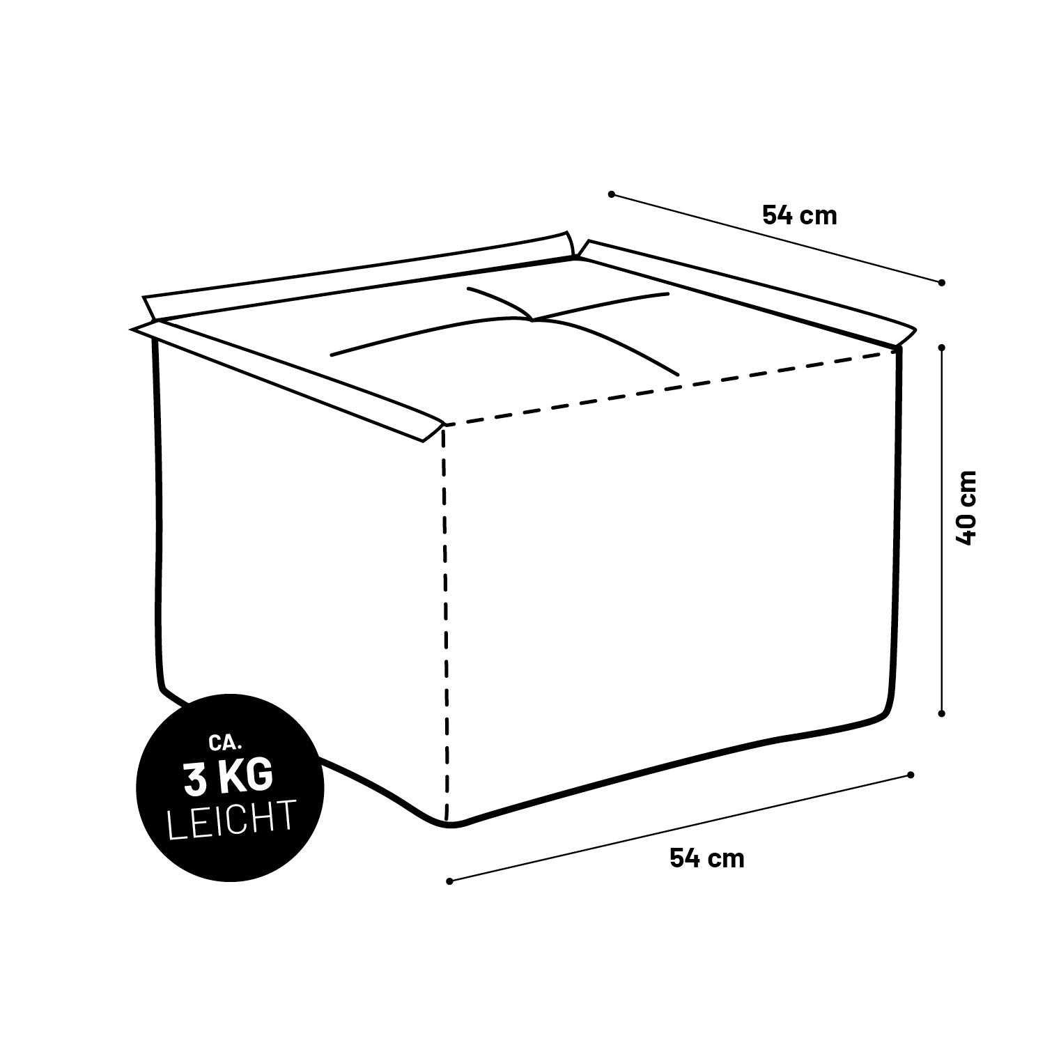 Illustration des Cord-Hockers mit Maßangaben (54 x 40 x 54 cm) und Gewichtsangabe (3 kg).