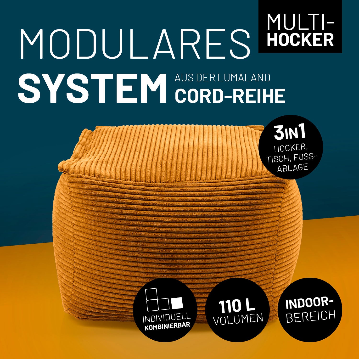 Senfgelber Cord-Hocker mit 110 L Volumen, individuell kombinierbar – ideal als modulares Sitzmöbel für den Indoor-Bereich.