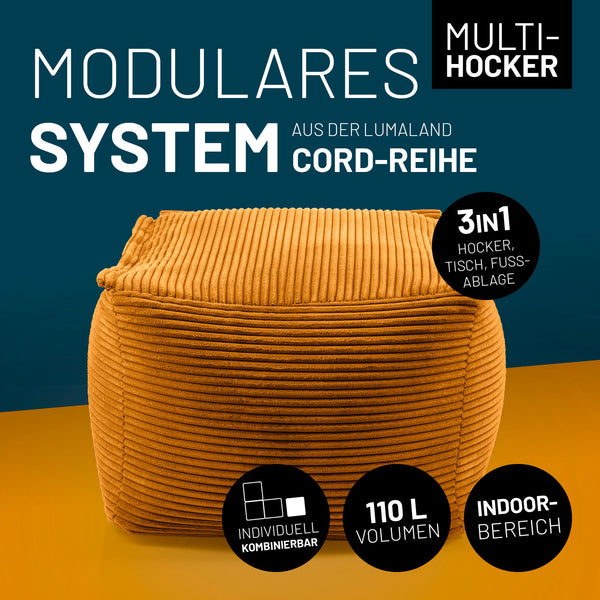 Senfgelber Cord-Hocker mit 110 L Volumen, individuell kombinierbar – ideal als modulares Sitzmöbel für den Indoor-Bereich.