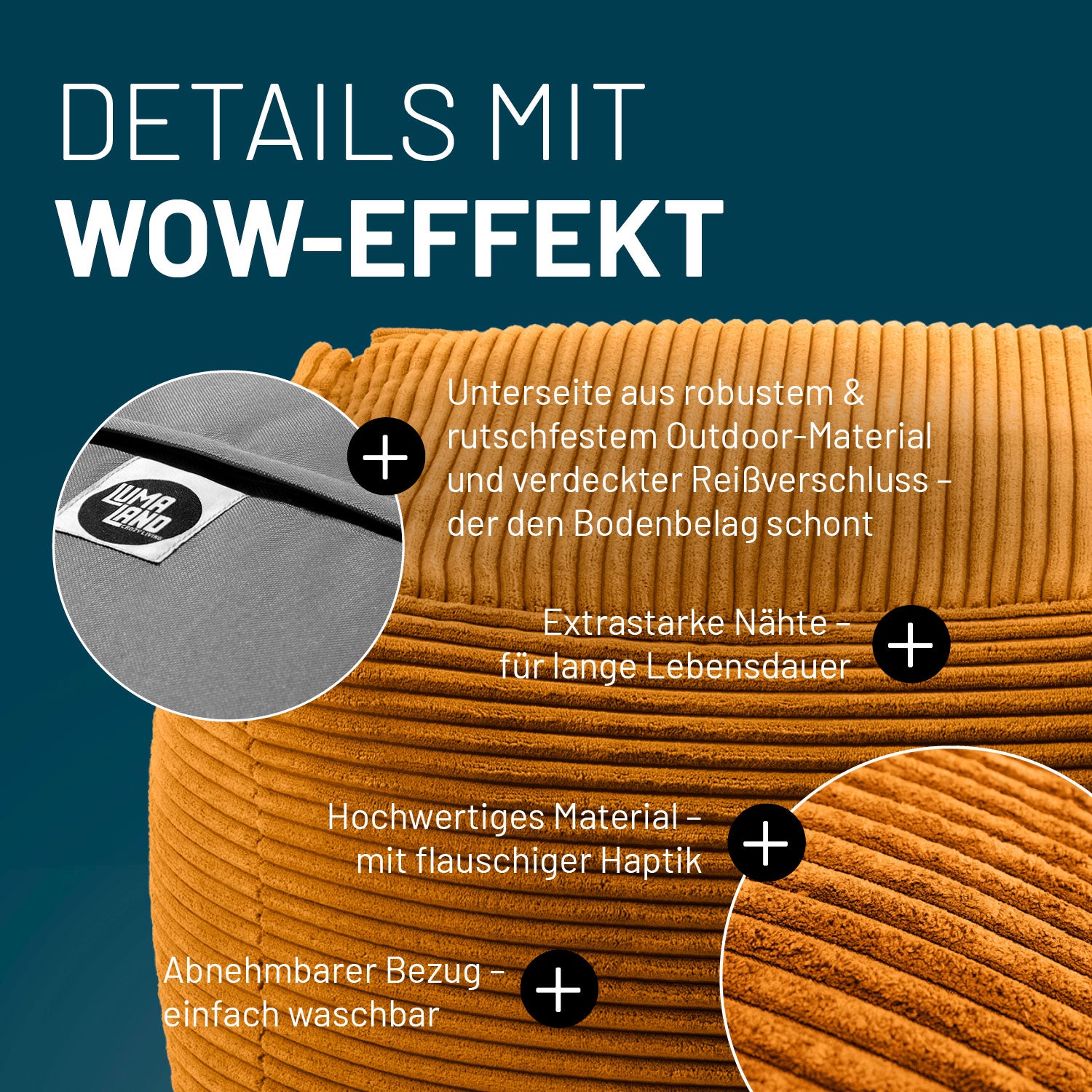 LUMALAND Cord-Hocker in Senfgelb mit Produktinformationen: Verdeckter Reißverschluss, robuste Unterseite und waschbarer Bezug. 
