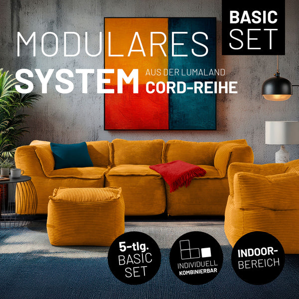 Moderner Wohnraum mit dem selfgelben Basic-Set verbunden zu einem Sitzsofa und freistehenden Cord-Sessel und Cord-Hocker.