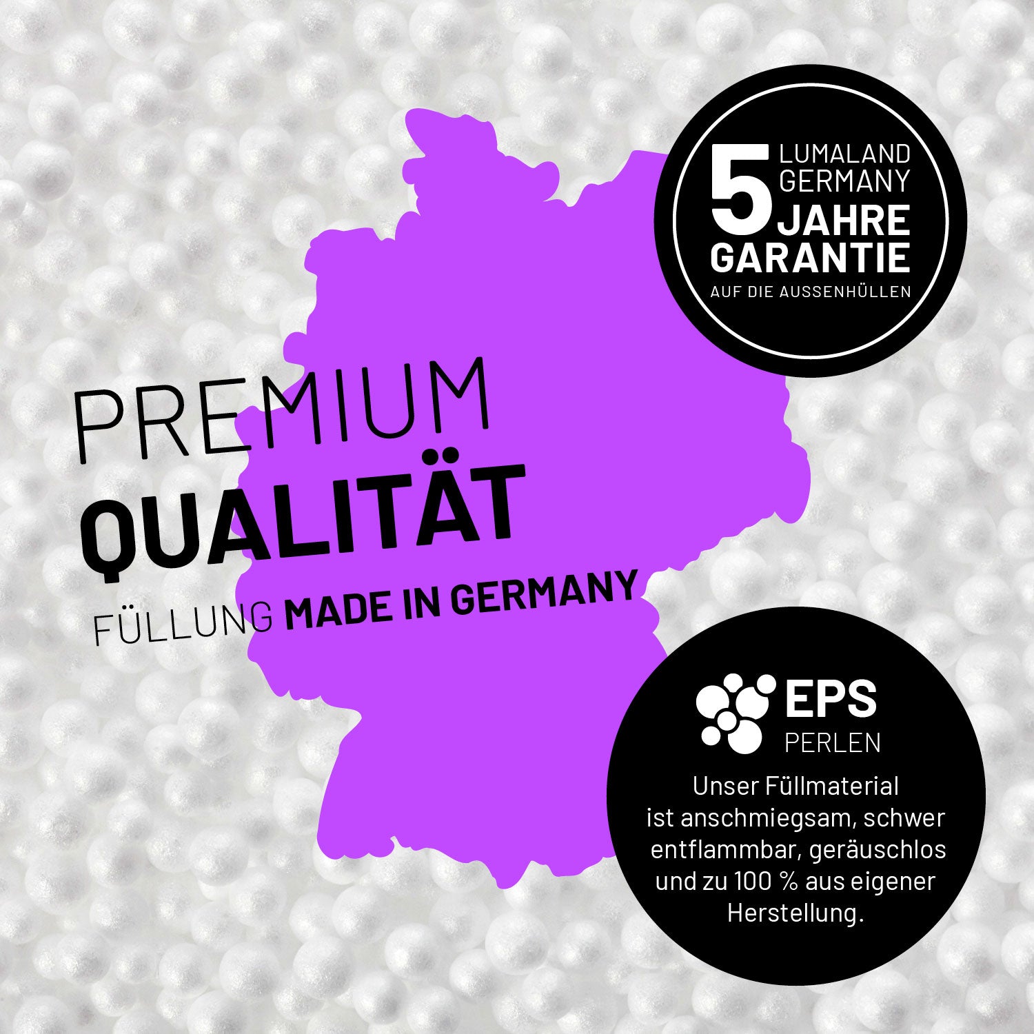Umrisse der Deutschland-Karte mit Hinweis auf die EPS-Perlen und LUMALAND Germany 5 Jahre Garantie auf die Aussenhülle.