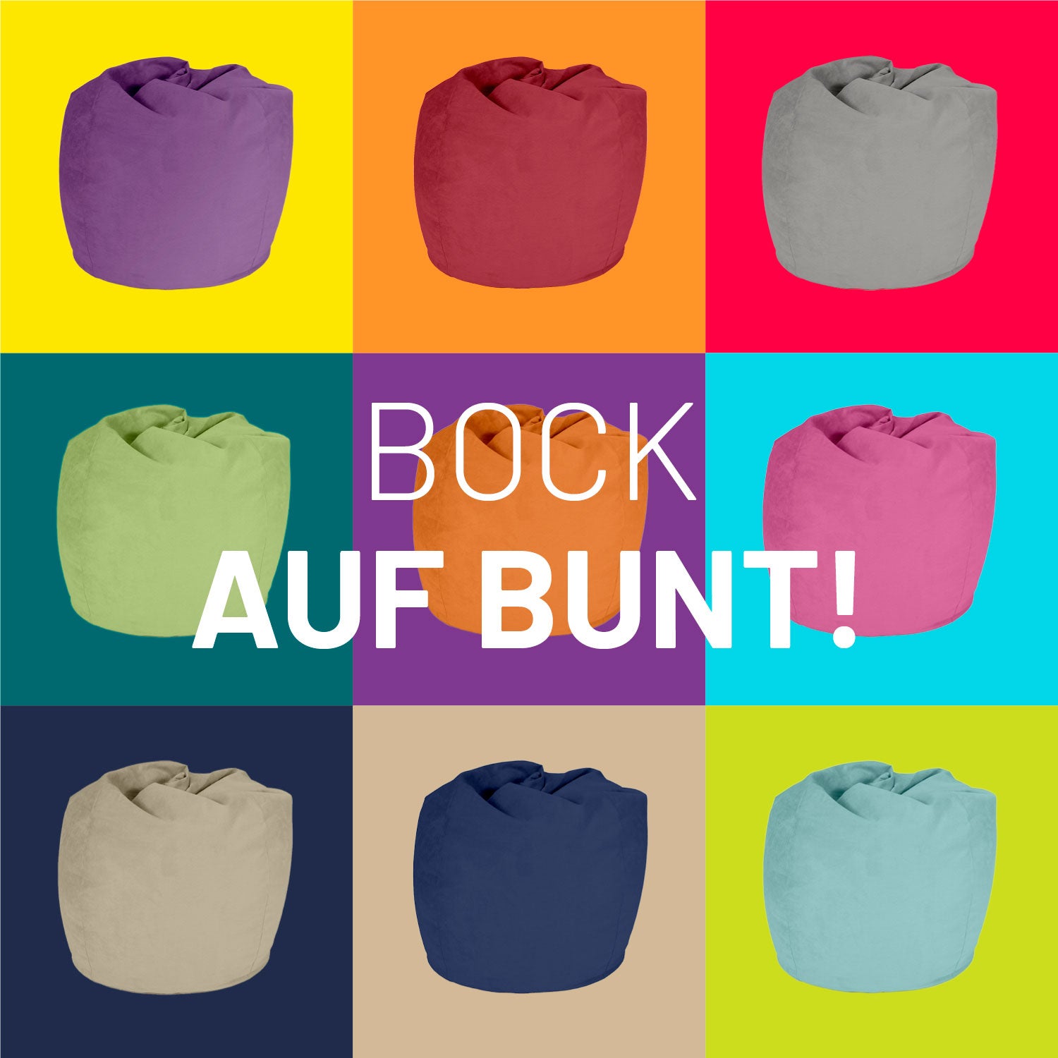 Neun verschiedene Farben der XL Sitzsäcke Drops vor Kontrastfarben in Kacheln - Bock auf Bunt!