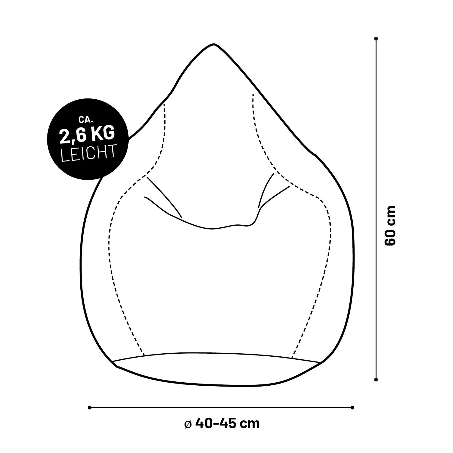 Illustration des XL Sitzsack mit Maßangaben (⌀ 40-45 cm x 60 cm) und Gewichtsangabe (2,6 kg).