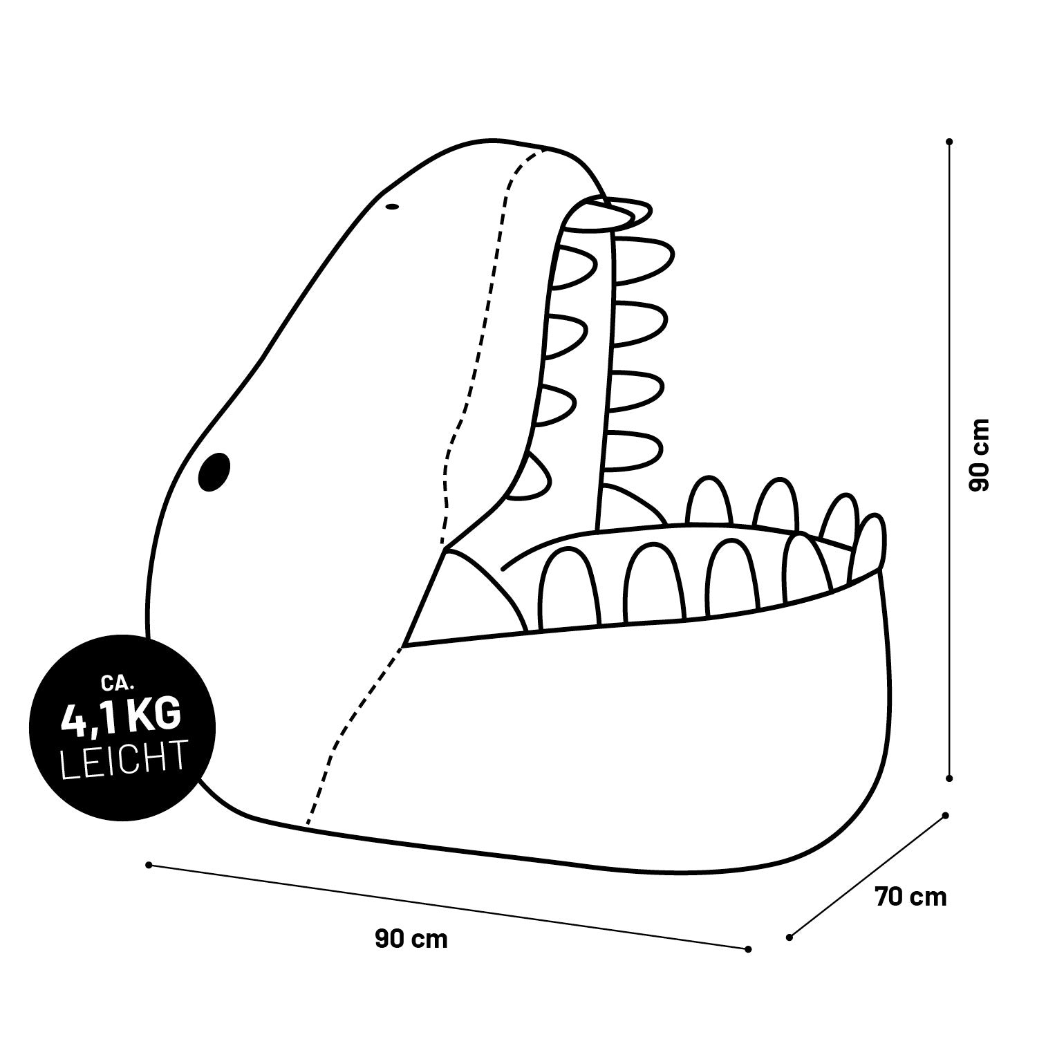 Illustration des LUMALAND Kindersitzsacks Dino aus der Animal Line mit Maßangaben (90 x 70 x 90 cm) und Gewichtsangabe (4,1 kg).