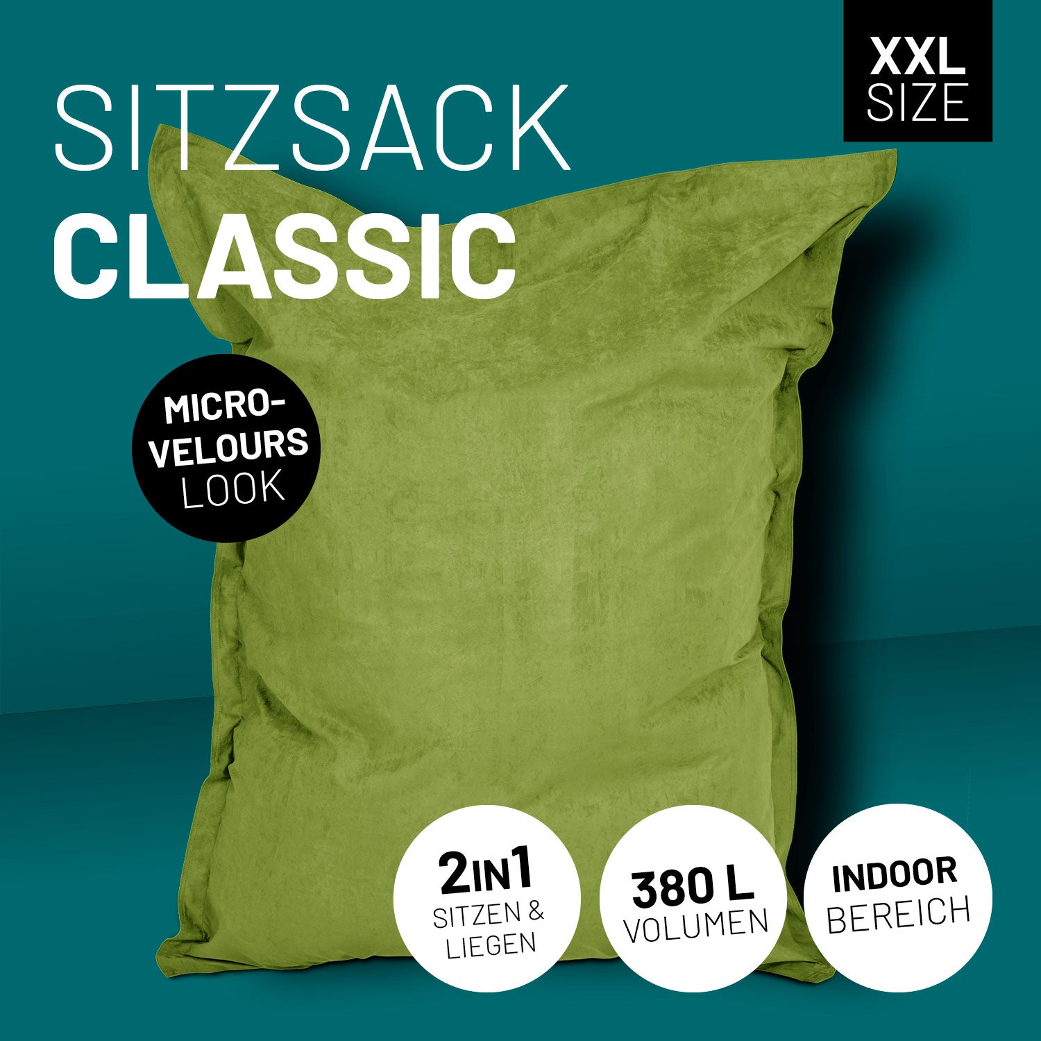 Grüner XXL-Sitzsack im Microvelours-Look vor blauem Hintergrund, mit Icons "380 L Volumen", "Indoor-Bereich" und "2-in-1 Sitzen & Liegen".