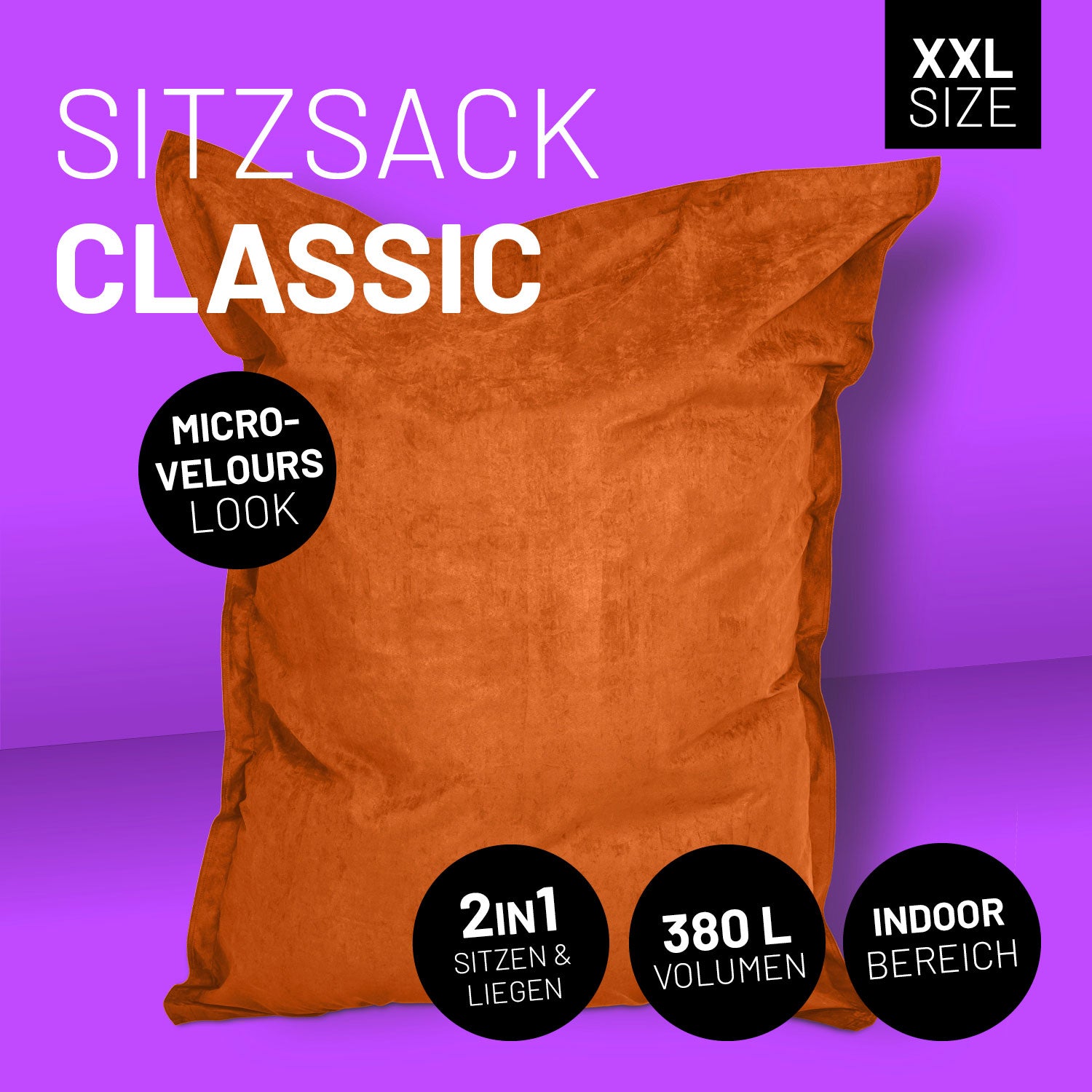 Oranger XXL-Sitzsack im Microvelours-Look vor lilanem Hintergrund, mit Icons "380 L Volumen", "Indoor-Bereich" und "2-in-1 Sitzen & Liegen".