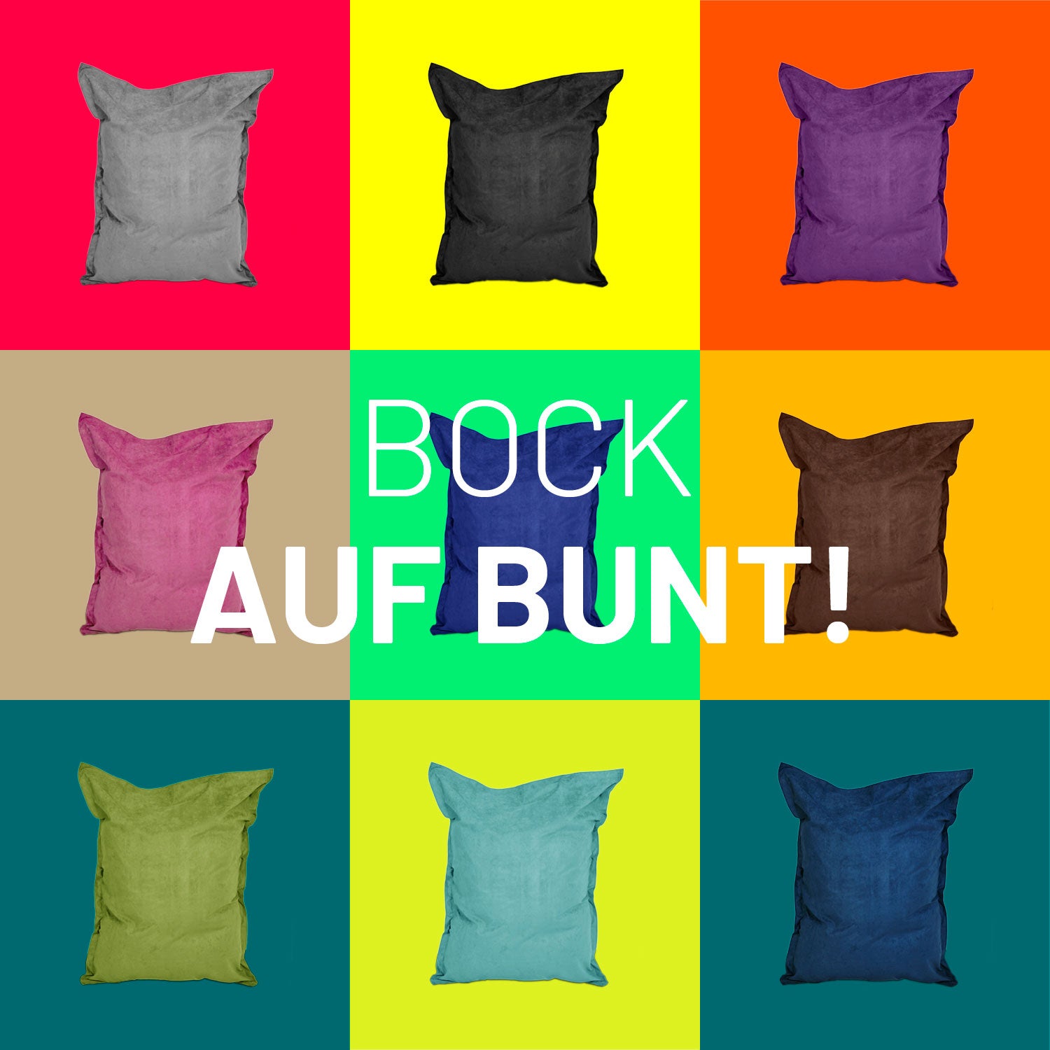 Neun verschiedene Farben des LUMALAND XXL Sitzsack Microvelours vor Kontrastfarben in Kacheln - Bock auf Bunt!