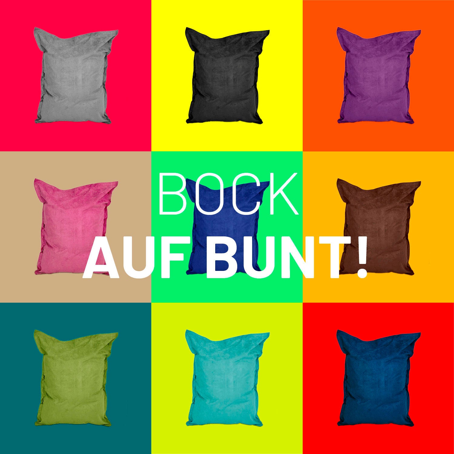 Neun verschiedene Farben des LUMALAND XXL Sitzsack Microvelours vor Kontrastfarben in Kacheln - Bock auf Bunt!