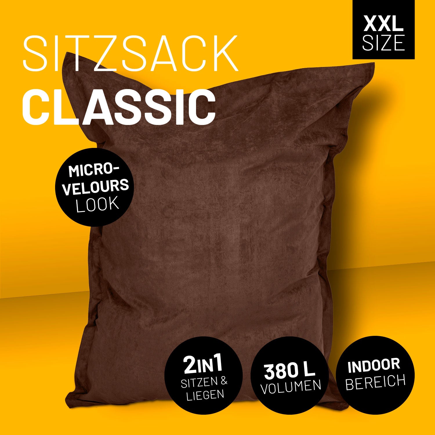 Brauner XXL-Sitzsack im Microvelours-Look vor gelbem Hintergrund, mit Icons "380 L Volumen", "Indoor-Bereich" und "2-in-1 Sitzen & Liegen".