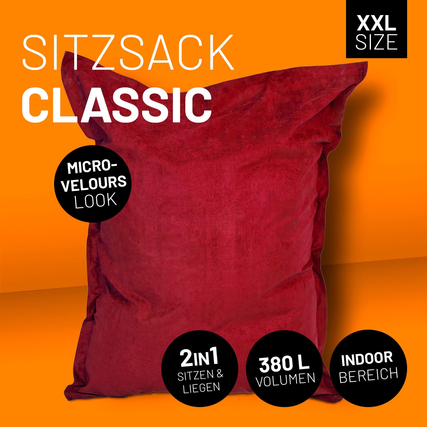 Roter XXL-Sitzsack im Microvelours-Look vor orangenen Hintergrund, mit Icons "380 L Volumen", "Indoor-Bereich" und "2-in-1 Sitzen & Liegen".