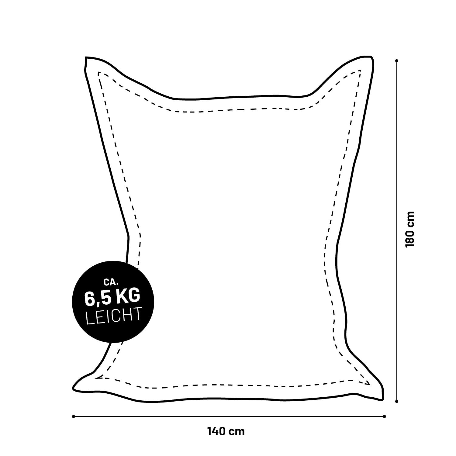 Illustration des XXL Sitzsackes Microvelour mit Maßangaben (140 x 180 cm) und Gewichtsangabe (6,5 kg).