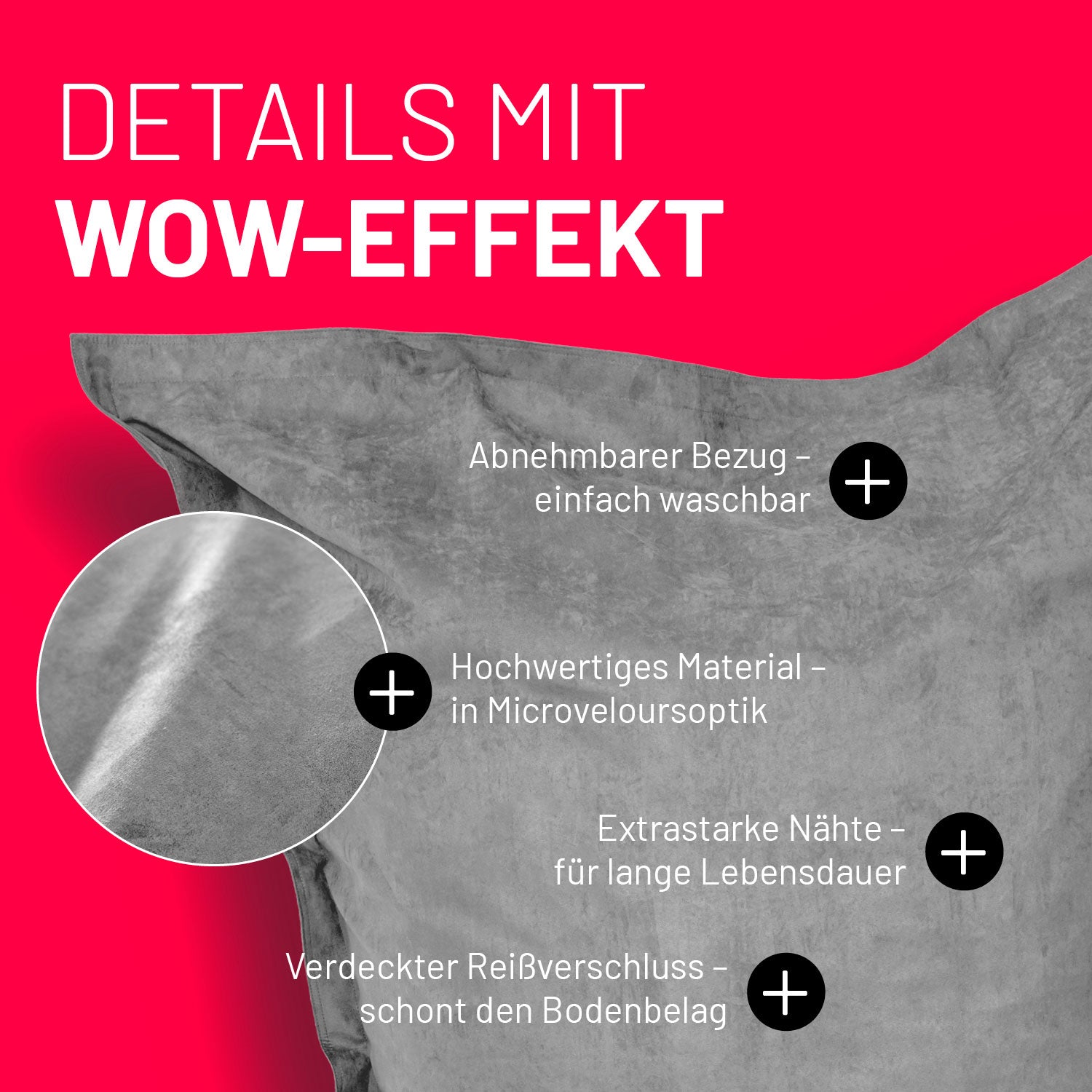 Grauer Sitzsack im Microvelours-Look auf pinkem Hintergrund mit Text zu abnehmbarem Bezug, verdecktem Reißverschluss und hochwertigen, robusten Nähten.