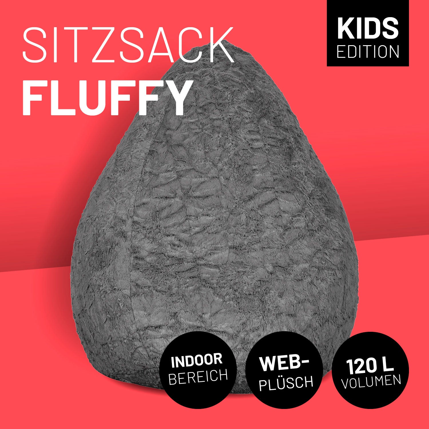 Grauer Fluffy Sitzsack vor rotem Hintergrund mit Icons "Kids Edition", "Indoor Bereich", "Web-Plüsch" und "120 L Volumen".