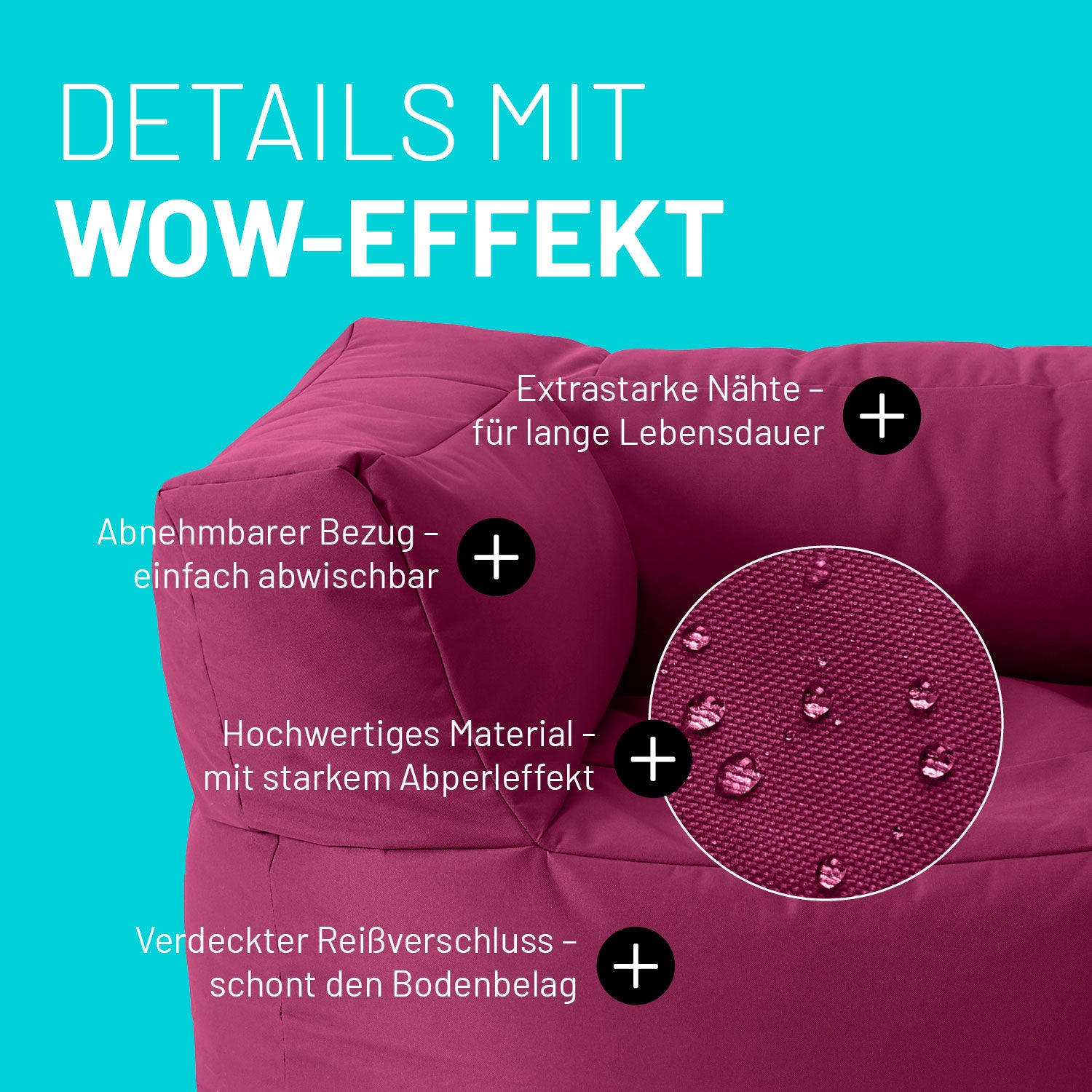 Sessel im Detail mit Informationen zu "Waschbarer Bezug", "Verdeckter Reißverschluss", Abperleffekt" und "Extrastarke Nähte".