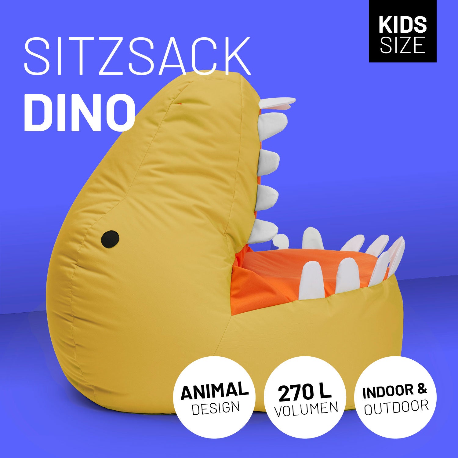 Dino Sitzsack vor blaulila Hintergrund mit Icons "Animal Design", "270 L Volumen" und "Indoor & Outdoor".