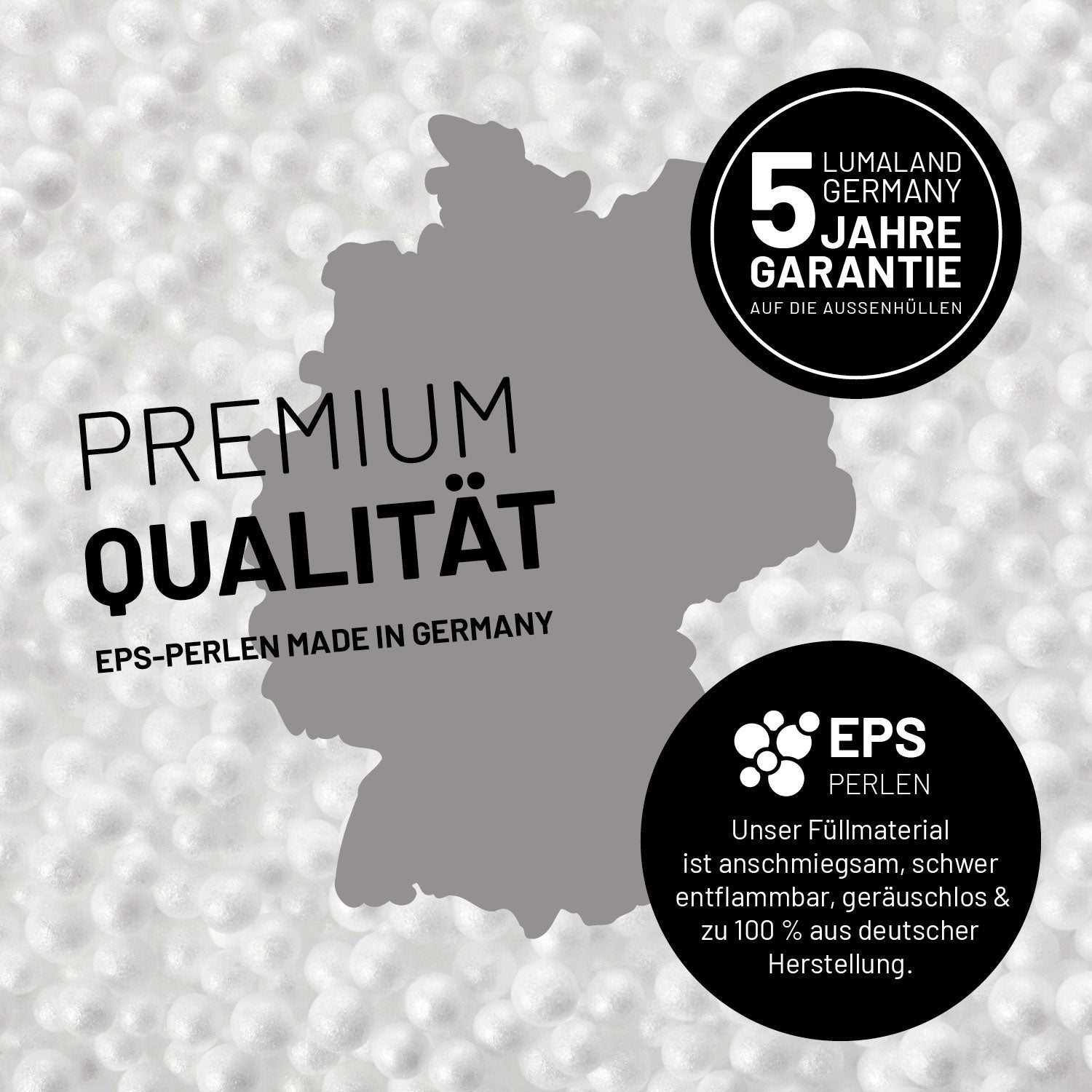 Umrisse der Deutschland-Karte mit Hinweis auf die EPS-Perlen und LUMALAND Germany 5 Jahre Garantie auf die Aussenhülle.