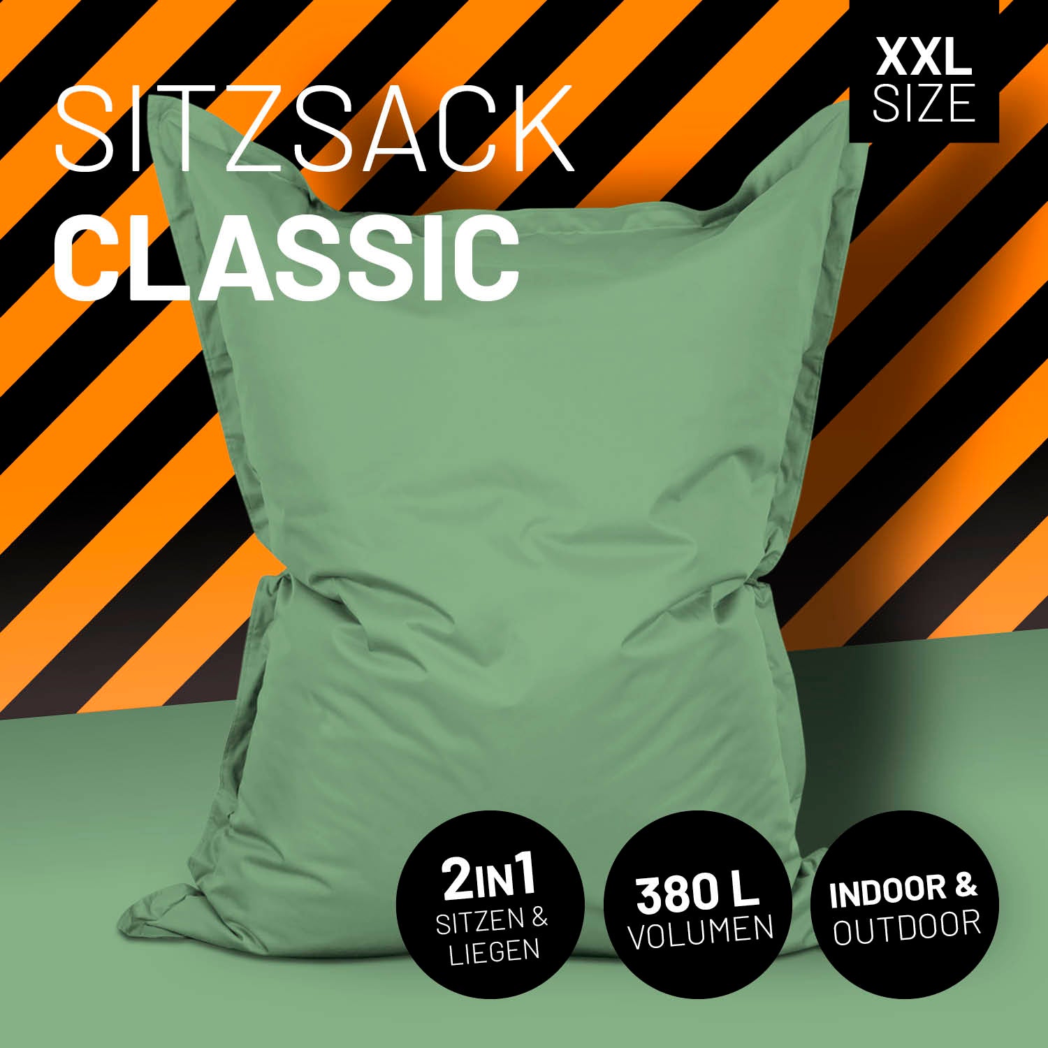 LUMALAND Sitzsack in Pastellgrün mit Icon "XXL Size", "2 in 1 - Sitzen & Liegen", "380 L Volumen" und "Indoor & Outdoor".