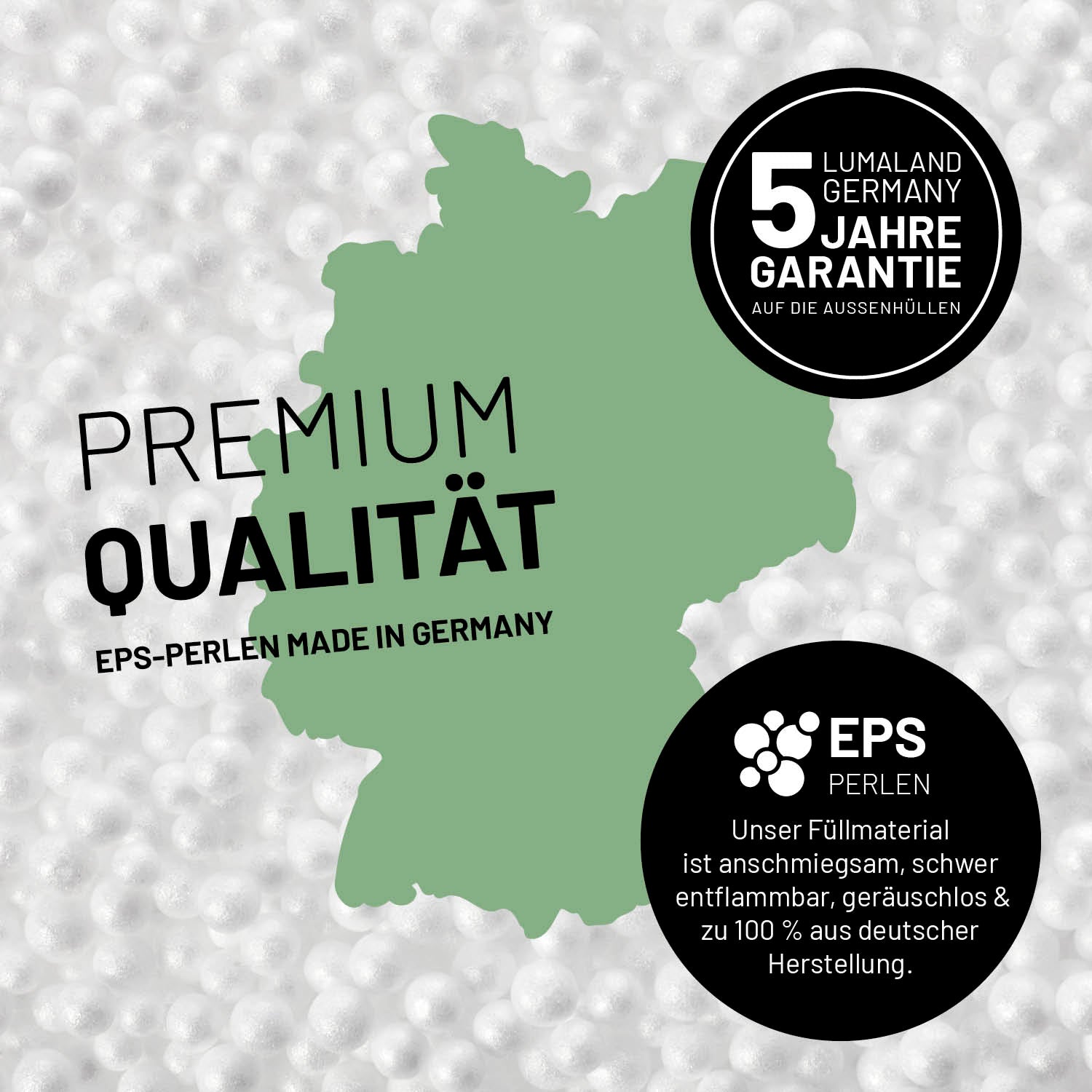 Umrisse der Deutschland-Karte mit Hinweis auf die EPS-Perlen und LUMALAND Germany 5 Jahre Garantie auf die Aussenhülle.